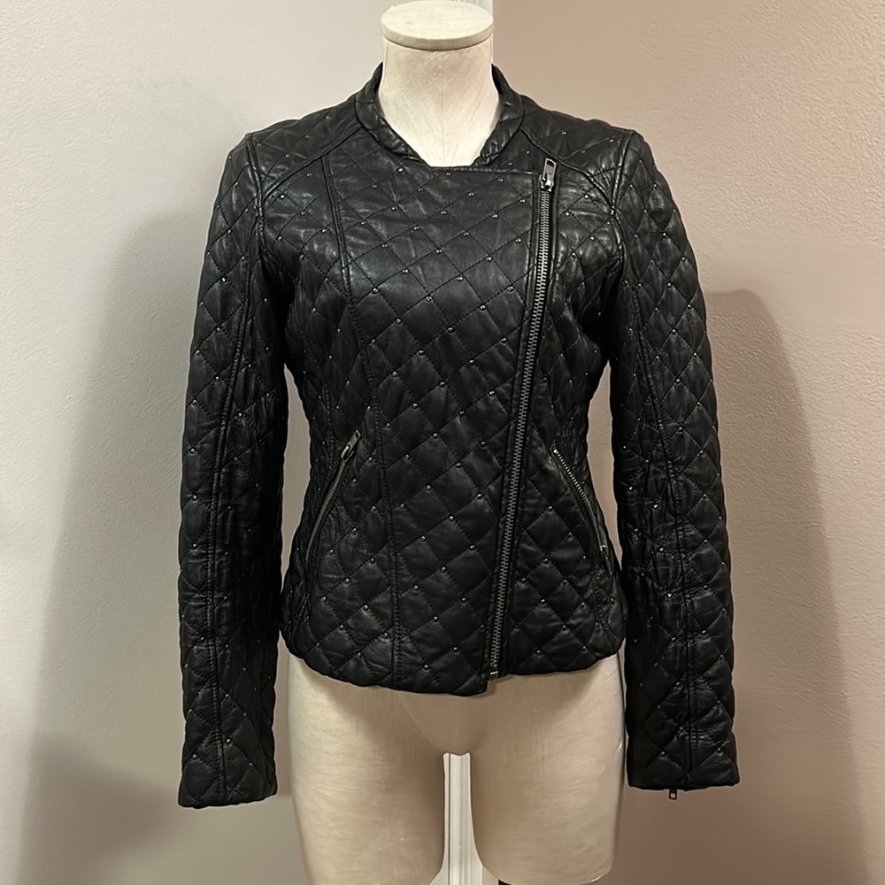 MANGO Black Leather Quilted Biker Moto Jacket with zipper size small